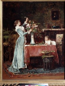 ""La composite du bouquet"" (Komponere en bukett) En middelklassekvinne (ungarsk?) forbereder en blomsterbukett, datteren hennes ser på henne. Maleri av Mihaly Munkacsy (1844-1900) rundt 1880 Pushkin-museet, Moskva av Mihály Munkácsy