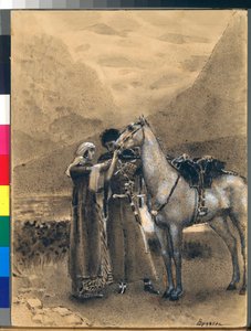 Zara og Ismails farvel - Illustrasjon fra diktet "Izmail-bey" (Izmail bey) av Mikhail Lermontov (1814-1841) - Kunstverk av Mikhail Alexandrovich Vrubel (Vrubel) (1856-1910) av Mikhail Aleksandrovich Vrubel