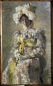 Portrett av Nadezhda Zabela Vrubel i en Empire-kjole. (Kunstnerens kone). Maleri av Mikhail Alexandrovich Vrubel (Vrubel) (1856-1910), olje på lerret av Mikhail Aleksandrovich Vrubel