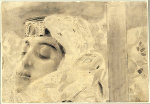 Tamara i en kiste - Illustrasjon fra diktet ""The Demon"" av Mikhail Lermontov (1814-1841) - Kunstverk av Mikhail Alexandrovich Vrubel (Vrubel) (1856-1910) av Mikhail Aleksandrovich Vrubel