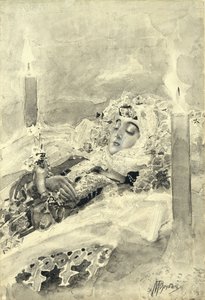 Tamara i kisten. Illustrasjon til diktet Demonen av Mikhail Lermontov, 1890-1891 av Mikhail Aleksandrovich Vrubel