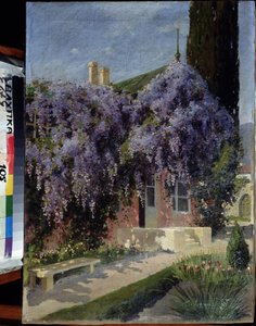 Et hus flettet sammen med blåregn. Maleri av Mikhail Alexandrovich Alisov (1859-1933). Olje på lerret, 62,3 x 44,4 cm. Russisk skole tidlig på 1900-tallet. Museum for arkitektur og kunst, Alupka, Ukraina. ©FineArtImage/Leemage av Mikhail Alexandrovich Alisov