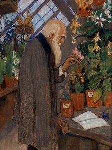 ""Portrett av vitenskapsmann Charles Robert Darwin (1809-1882) som undersøker planter i Langdon-Down drivhuset"" Maleri av Mikhail Dmitrievich Ezuchevsky (1880-1928) 1920 State Darwin Museum, Moskva