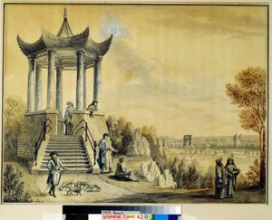 Grand Caprice-paviljongen i Catherine Park i Tsarkoye Selo. Verk av Mikhail Matveevich Ivanov (1758-1823), akvarell og kritt på papir, sent på 1700-tallet. Russisk kunst fra 1700-tallet. Ins