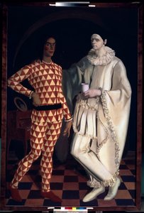 Harlekin og Pjerrot (Selvportretter, i kostymer fra Comedia dell Arte) - Harlekin og Pjerrot (Selvportretter) - Maleri av Alexander Yevgenyevich Yakovlev (Alexandre Iacovleff) (1887-1938), olje på lerret