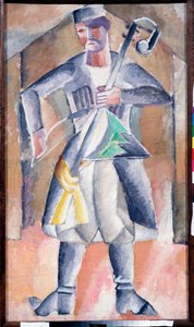 Musicien (Sas Musician) - Portrett av en musiker, i tradisjonell kjole, med instrumentet sitt, en slags vertikal dreieskiver med to strakte strenger, som spilles med en bue - Maleri av Mikhail Vasilyevich Le Dantyu (1891-1917), olje på lerret - Art rus av Mikhail Vasilevich Le Dantu