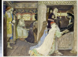 Storhertug Alexander Nevskys død (1220-1263). (Storhertug Alexander Nevskys død). Verk av Mikhail Vasilyevich Nesterov (1862-1942), akvarell og gouache på papir av Mikhail Vasilievich Nesterov