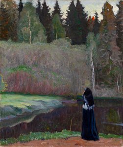 ""Le chant du rossignol"" (Nattergalen synger) En nonne som lytter til fuglesang - Maleri av Mikhail Vasilyevich Nesterov (1862-1942) 1918 Dim 81x68,5 cm Privat samling av Mikhail Vasilievich Nesterov