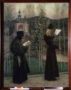 Klokkene ringer (Ringing the Bells). To munker som leser mens de går, er på vei mot en kirke i bakgrunnen. Maleri av Mikhail Vasilyevich Nesterov (1862-1942), olje på lerret av Mikhail Vasilievich Nesterov