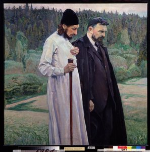 Filosofene. Sergei Boulgakov (1871-1944) og Pavel (Paul) Florensky (1882-1943). (Filosofene. Sergei Bulgakov og Pavel Florensky). Maleri av Mikhail Vasilyevich Nesterov (1862-1942), olje på lerret