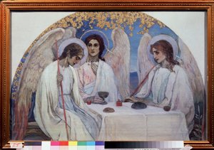 Abrahams gjestfrihet. Treenigheten i Det gamle testamente. Representasjon av de tre englene som viste seg for Abraham nær Chene de Mambre. (Abrahams gjestfrihet (det gamle testamentets treenighet). Maleri av Mikhail Vasilyevich Nesterov (1862-1942), olje p