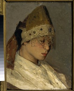 En jente som har på seg en Kokochnik (A Girl With Kokoshnik). Tradisjonell høy hodeplagg av russiske kvinner, bundet på baksiden med bånd, fronten er dekorert med perler og broderi. Maleri av Mikhail Vasilyevich Nesterov (1862-1942), olje på tre