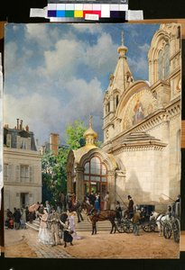 Folk som forlater en ortodoks kirke - Kunstverk av Mikhail Yakovlevich Villie (1838-1910) av Mikhail Yakovlevich Villie