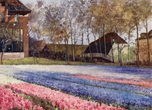 En nederlandsk hage om våren (farge litho) av Mima Nixon
