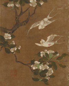 Ti bilder av fugler og blomster (farge på silke)