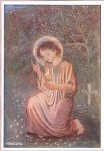 Han knelte ned på det duggvåte gresset (farge litho) av Minnie Didbin Spooner