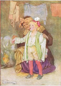 De strippet ham for fløyel og fjær og blonder (fra historien Edwy and the Echo), illustrasjon fra A Staircase of Stories utgitt av Thomas Nelson & Sons Ltd 1940-tallet (farge litho)