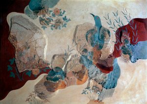 Minoisk kunst: "" Blue Bird"" Fragment av freskomaleri av House of Frescoes. 1500 f.Kr. Heraklion, arkeologisk museum, Kreta - Minoisk kunst: blå fugl. Fragment av fresken som viser en fugl blant steiner, ville roser og iris, fra House of Frescoes av Minoan