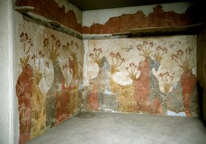 Minoisk kunst: "" Spring"" Fresker fra Akrotiri til Santorini. 1500-tallet f.Kr. Athen, Nasjonalt arkeologisk museum - Minoisk kunst: våren. Fresker fra Akrotiri, Santorini. 1500-tallet f.Kr. Nasjonalt arkeologisk museum, Athen, Hellas av Minoan