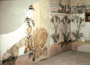 Minoisk kunst: "Kvinnen med Lys"" Fresco fra Akrotiri på Santorini. 1500-tallet f.Kr. Athen, Nasjonalt arkeologisk museum av Minoan
