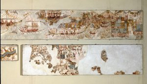 Minoisk kunst: "" marineekspedisjon"" Fresco fra Akrotiri til Santorini. 1500-tallet f.Kr. Athen, Nasjonalt arkeologisk museum av Minoan