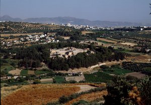 Minoisk kunst: utsikt over hele palasset til kong Minos i Cnossos (Knossos). 1600-1400 f.Kr. Kreta av Minoan
