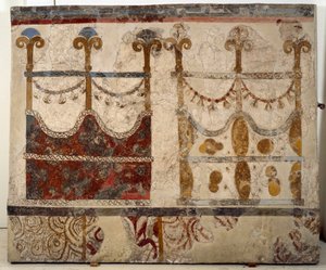 Minoisk sivilisasjon: representasjon av to portaler (Ikria). Freskomaleri fra det lustrale bassenget til Xeste 3-bygningen til Akrotiri (Thera), Santorini
