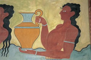 Nærbilde av et veggmaleri på veggen til et palass, Palace of Minos, Knossos, Kreta, Hellas av Minoan