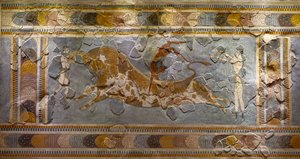 Detalj av Bull Leaping Fresco. Funnet i Knossos av Minoan