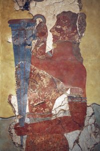 Minoisk kunst. "Koppbæreren", en figur fra prosesjonen Fresco. Original rekonstruksjon fra de få fragmentene som ble funnet av A. Evans på det arkeologiske området Knossos og nå vist i Herakleion arkeologiske museum. Det viser en ung mann med lang svart av Minoan