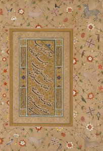 Side fra Late Shah Jahan Album: Persisk kalligrafi innrammet av en dekorativ kant av blomster og fugler av Mir 