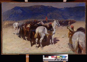 Bruddet av kavaleriet, det 29. kavaleriregimentet i Bukhara. (Resten av kavaleriet, Det 29 kavaleriregiment i Bukhara). Rytterløse hester fra et regiment fra den røde hær stilte opp i steppen under oktoberrevolusjonen i 1917. Maleri