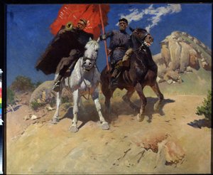 Fanebærer og hornspiller. To soldater fra et kavaleriregiment av den røde hær, under oktoberrevolusjonen i 1917. Maleri av Mitrofan Borisovitsj Grekov (1882-1934), olje på lerret