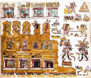 Mixtec-sivilisasjon: Mixtec-kodeks med illustrasjoner av aktiviteter som foregår foran et tempel - Precolombiansk kunst, blandet sivilisasjon: scener av dagliglivet foran et tempel - Detalj av en kopi av Codex Vindobonensis eller wiensk kodeks sendt av Her
