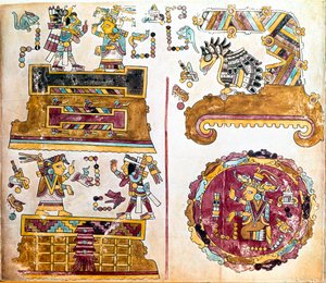 Mixtec-sivilisasjon: Mixtec-kodeks med illustrasjoner av daglige aktiviteter - Precolombiansk kunst, blandet sivilisasjon: scenes de vie quotidienne - Detalj av en kopi av Codex Vindobonensis eller wienerkodeks sendt av Hernan Cortes til Charles V i 1519 -