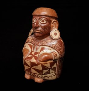Precolombiansk kunst, mochic sivilisasjon (stygg): vase som representerer "" Tekstil" - 200 BC-700 AD. Lima, Nasjonalmuseet for antropologi og arkeologi, Peru - førkolumbiansk kunst, Moche-sivilisasjon (Mochica-kultur), antropomorfisk flaske
