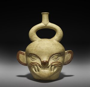 Fartøy i form av et kattehode, AD 100-800 (keramikk med slip) av Moche Moche