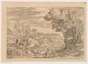 Landskap med en mann med en hest som krysser en elv Landskap etter Titian (serietittel)