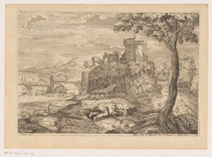 Landschap met rustende herder, op de achtergrond een rivier met brug en watermolen Landschappen naar Titiaan (series title)   1341832   no       norwegian Successfully Translated  Original: Landscape with Three Gabled Cottages Beside a Road Translat: Lands