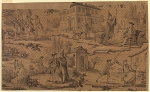 Tegneserie for bomullstrykk: Scener fra Molieres "Le Medecin Malgre Lui" av Molière