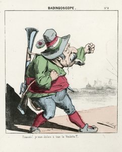 Flyvende blad, nummer 5, Satirisk i farger, ca. 1870: Badingoskop - Kommune i Paris/Krig/Beleiring, Jakt, republikkens president - Napoleon III - Illustrasjon av Moloch (1849-1909) av Moloch