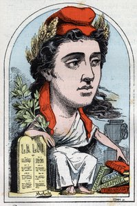 Allegory of the Republic (Marianne) i "" Le Trombinoscope"" av Touchatout, tegneserie av B. Moloch fra 1882 (1849-1909). Privat samling. av Moloch