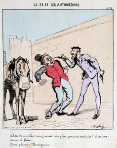HAN. EX. EX. Motoredons: Tegneserie av transport i byen. En borgerlig ber høflig en kusk kjøre ham mens han truer ham med våpen. Tegning av Moloch (1849-1909), rundt 1860. av Moloch