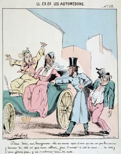 HAN. EX. EX. Motoredons: Tegneserie av transport i byen. En kusk tar med seg en full venn inn i vogna ved siden av to forferdede borgerlige kvinner. Tegning av Moloch (1849-1909), rundt 1860. av Moloch