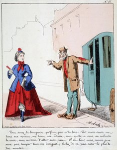 HAN. EX. EX. Motoredons: Tegneserie av transport i byen. Kusken irettesetter en borgerlig som går til parken mens mannen hennes ba sjåføren om å kjøre henne til et annet sted. Tegning av Moloch (1849-1909), rundt 1860. av Moloch