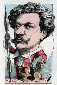 Portrait of Louis Alexandre Gosset de Guines dit Andre Gill (1840 - 1885) French poet painter in “” Le Trombinoscope”” by Touchatout, cartoon by B. Moloch of 1882 (1849-1909). Private collection. av Moloch