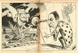 The Image for Laughter, nummer 4, circa 1897_11_13 - Illustrasjon av Alphonse Hector Columbus, kjent som B. Moloch eller Moloch (1849-1909): En ukjent engel - Dreyfus-affære, Devil Island - Dreyfus Alfred, Scherer-Kestner Auguste av Moloch