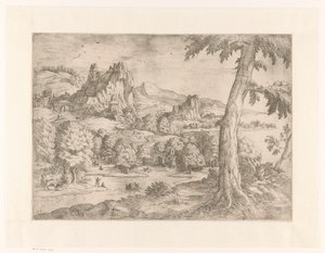 Panoramalandskap med stort tre av Monogrammist DB (etser 16de eeuw)