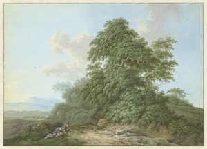Landskap med hvilende reisende langs en vei av Monogrammist FWH (possibly)