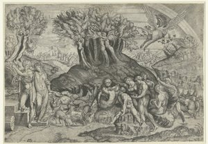 Mount Parnassus dedikert til Apollo og muser av Monogrammist HFE